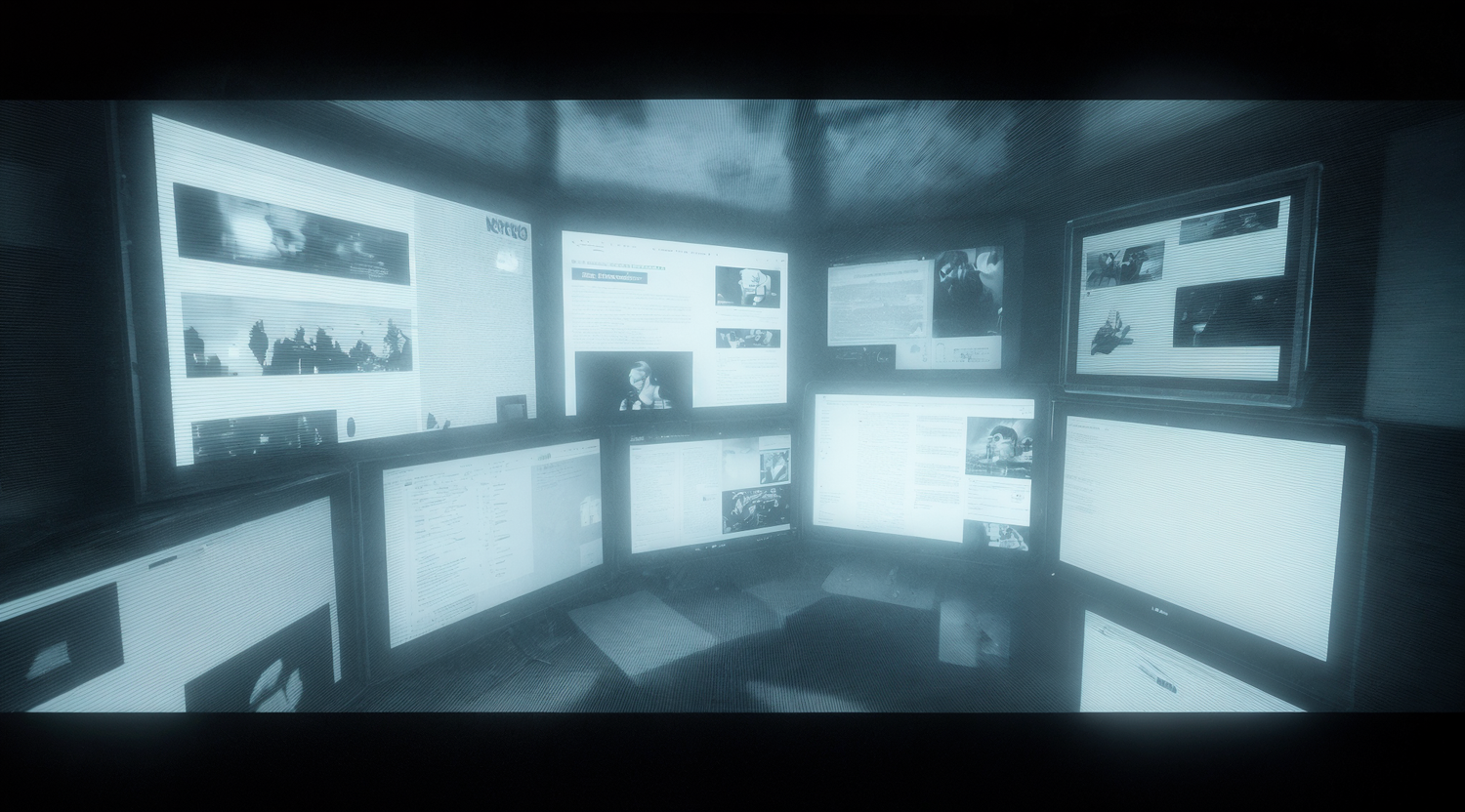 Multiple screens displaying various images in a dark room