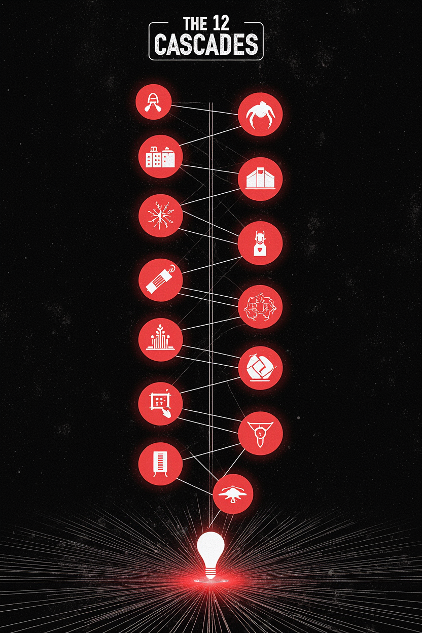 Diagram of ' 12 Last Steps ' with red icons and a light bulb at the bottom on a black background.