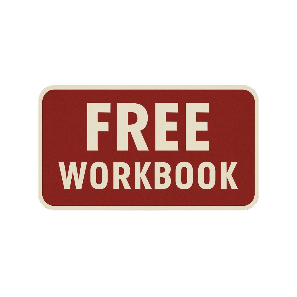 Red sign with 'FREE WORKBOOK' text on a black background